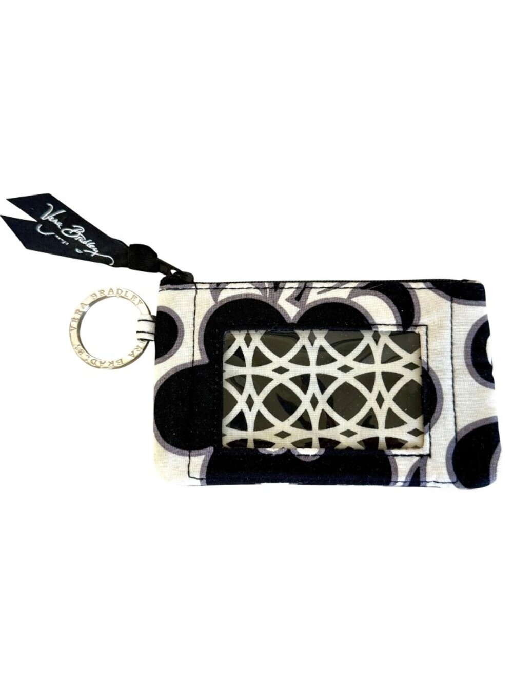 Vera Bradley Zip ID Case Night and Day Black White Floral Key Chain Wallet EUC